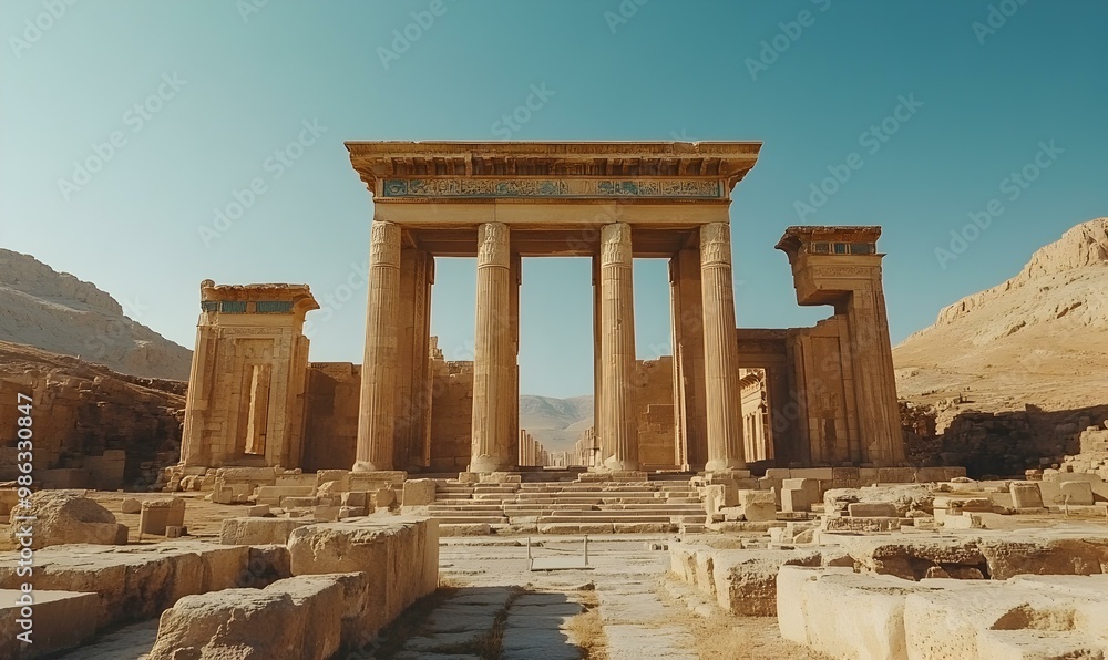 Fototapeta premium Exploring Persepolis, ancient ruins of Persia, majestic stone carvings, historical significance, echoes of a rich civilization, cultural heritage.