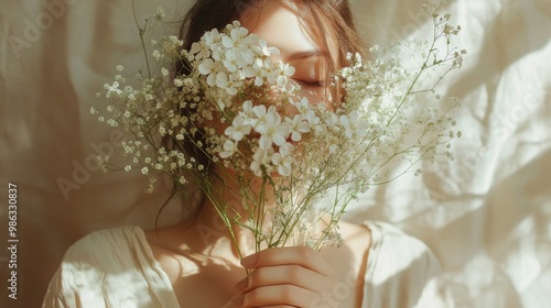 Young woman holding delicate white flowers in a softly lit room with natural ...