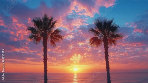 Sunset over the ocean with silhouetted palm trees at a serene beach location