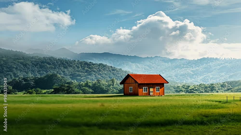 Scenic countryside landscape featuring a cozy cabin surrounded by lush greenery and mountains during the day Scenic countryside landscape featuring a cozy cabin surrounded by lush greenery and mountains during the day