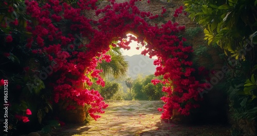 Bright bougainvillea blooms arching over a sunlit pathway in a tranquil garde...