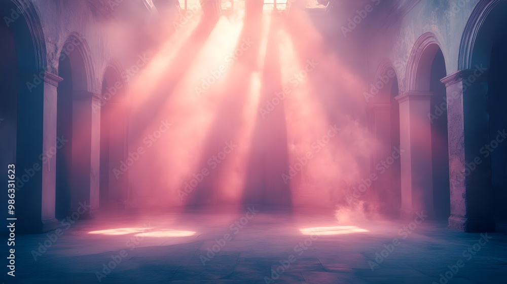 A serene space illuminated by soft, pink beams of light filtering through, creating a mystical atmosphere with subtle dust particles. A serene space illuminated by soft, pink beams of light filtering through, creating a mystical atmosphere with subtle dust particles.