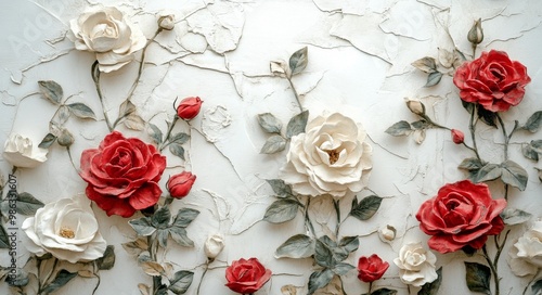 Fototapeta Naklejka Na Ścianę i Meble -  Beautifully crafted white and red roses on a textured wall featuring intricate details and designs