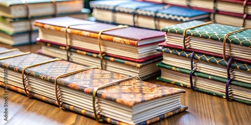 Handmade Japanese bookbinding notebooks with blurred photography, selective focus on sheets, and empty space for copywriting