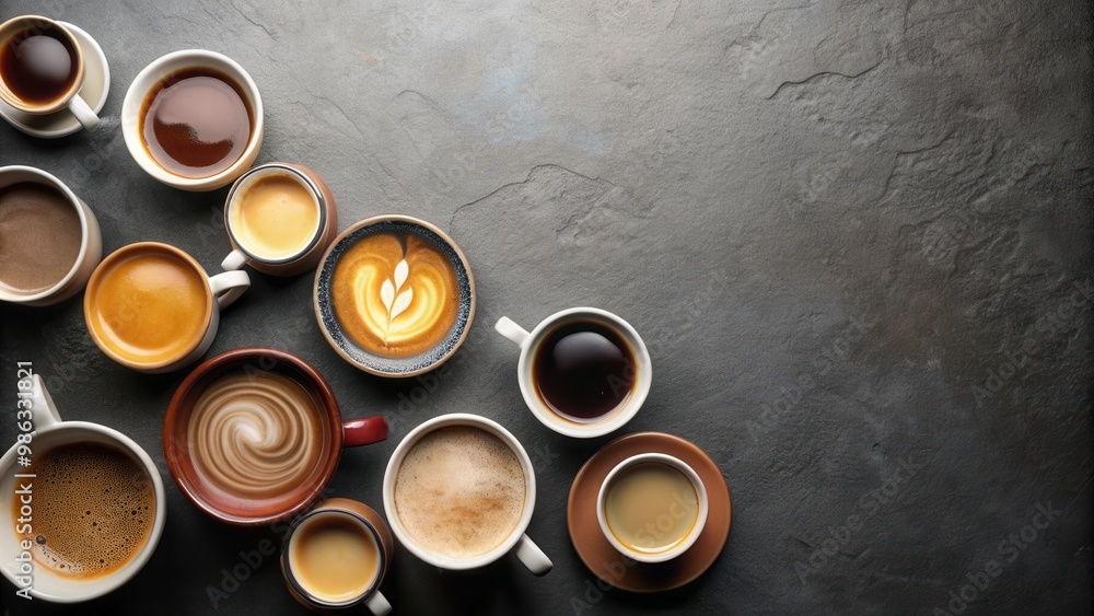 A variety of coffee cups on a slate table A variety of coffee cups on a slate table