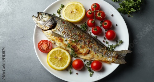 Grilled fish garnished with lemon and fresh vegetables on a white plate at a ...