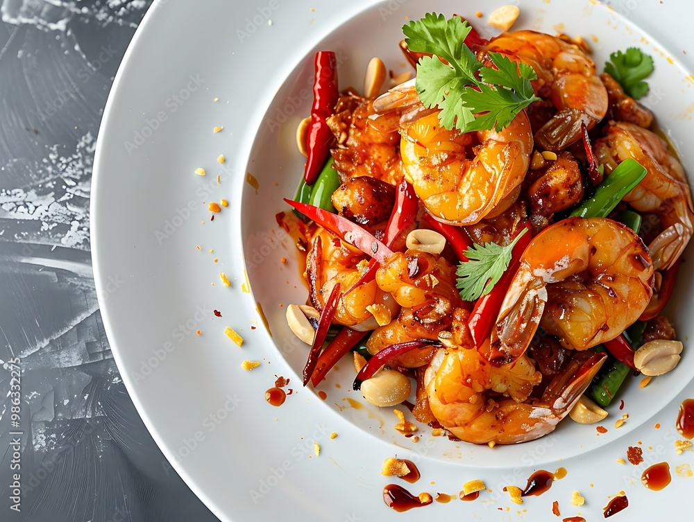 Stir-fried Shrimp with basil and peanuts. Thai food Stir-fried Shrimp with basil and peanuts. Thai food