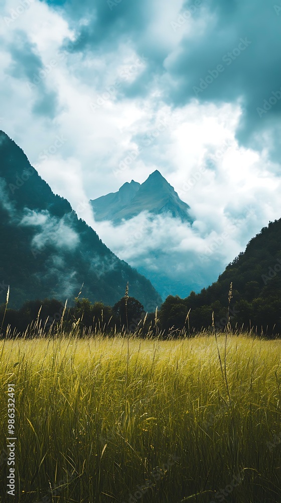 Fototapeta premium Mountain Landscape With Grass And Clouds