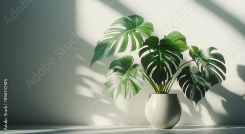 A lush monstera plant basking in sunlight in a minimalist indoor setting