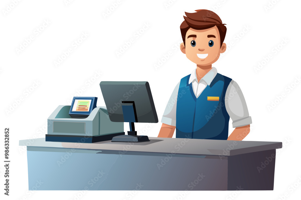 Young smiling man cash register at workplace vector image, isolated on white background
Young smiling man cash register at workplace vector image, isolated on white background