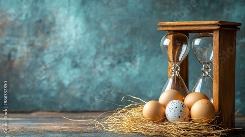 Arrangement of various eggs beside an hourglass on a neutral background durin...