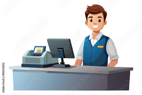 Young smiling man cash register at workplace vector image, isolated on white background
