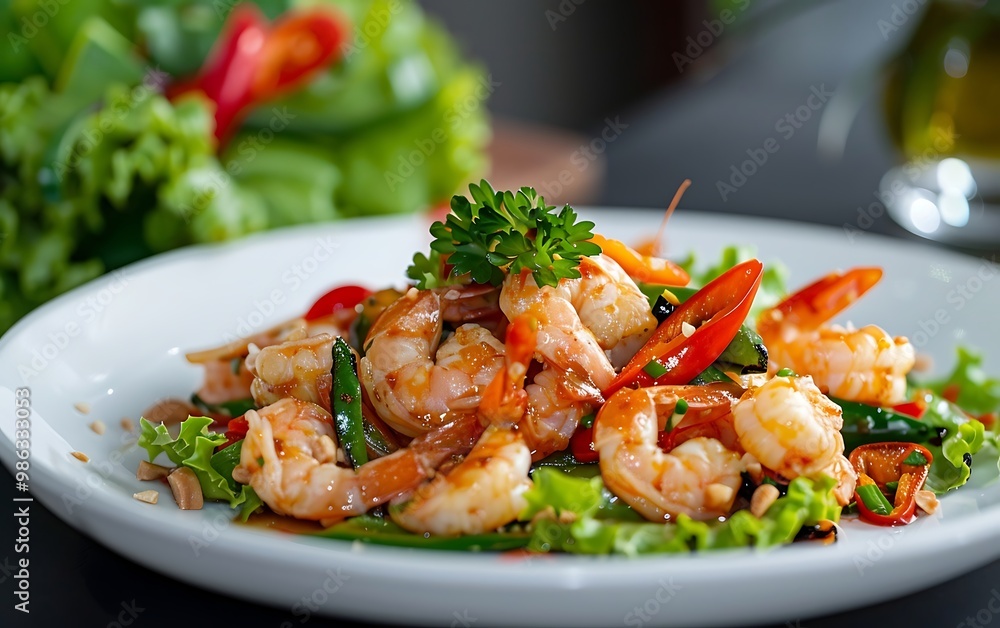 Stir-fried Shrimp with basil and peanuts. Thai food Stir-fried Shrimp with basil and peanuts. Thai food