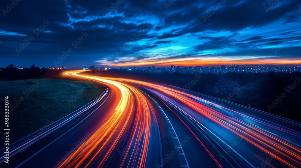 Evening traffic trails illuminate a winding highway under a vibrant sky at dusk Evening traffic trails illuminate a winding highway under a vibrant sky at dusk