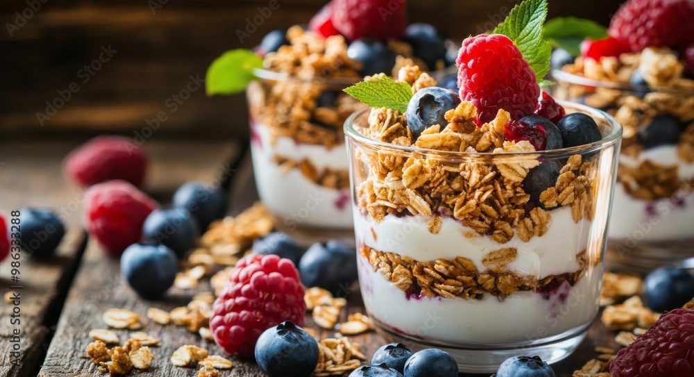 Layers of yogurt, granola, and fresh berries served in glasses on a rustic wooden table Layers of yogurt, granola, and fresh berries served in glasses on a rustic wooden table
