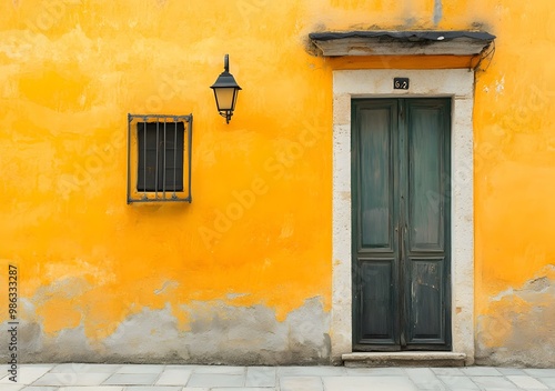Yellow Wall with Green Door and Window