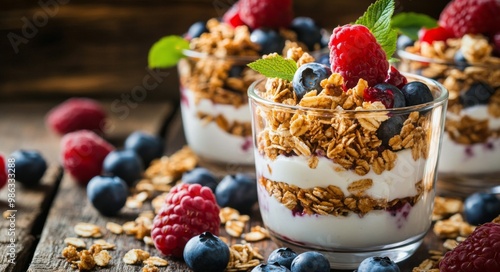 Layers of yogurt, granola, and fresh berries served in glasses on a rustic wooden table