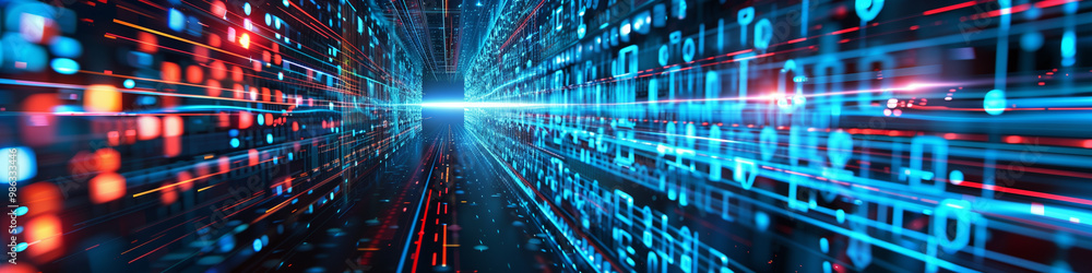 Fototapeta premium Abstract digital security barrier with vibrant data streams and lights, emphasizing themes of technology and cybersecurity in a virtual space