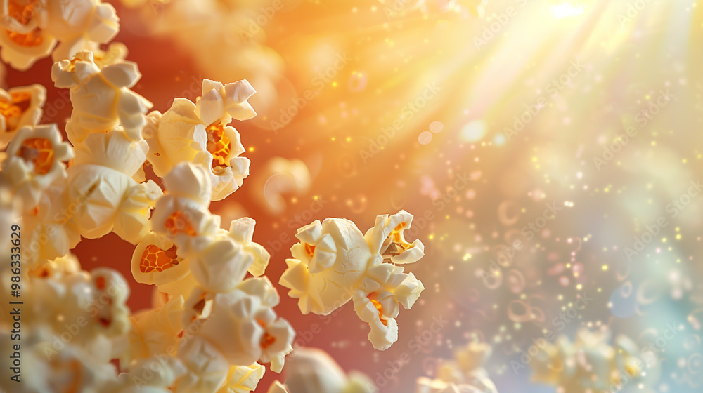 Shower of popcorn bursts into the air against a softly blurred cinema background, illuminated by warm, inviting light that enhances the film-watching experience Shower of popcorn bursts into the air against a softly blurred cinema background, illuminated by warm, inviting light that enhances the film-watching experience