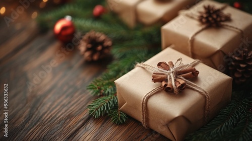 Beautifully wrapped gifts adorned with pinecones and twine on a rustic wooden table