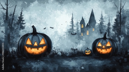 Eerie haunted castle with glowing pumpkins under a spooky twilight sky