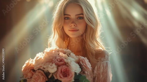 A soft-lit moment with a woman holding delicate flowers in a tranquil atmosphere