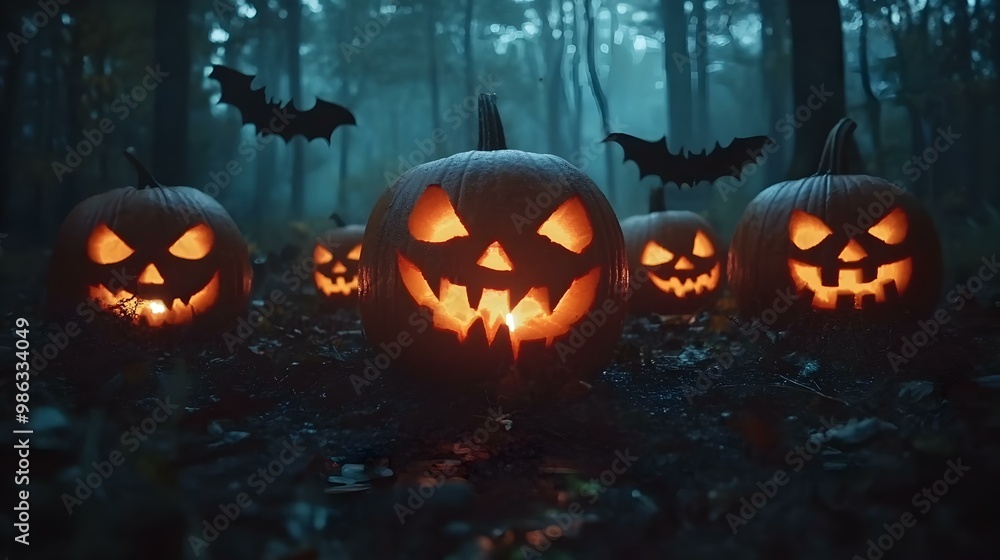 Glowing Jack-o'-Lanterns in a Spooky Forest, eerie illumination from carved pumpkins, surrounded by dark trees and misty atmosphere Glowing Jack-o'-Lanterns in a Spooky Forest, eerie illumination from carved pumpkins, surrounded by dark trees and misty atmosphere