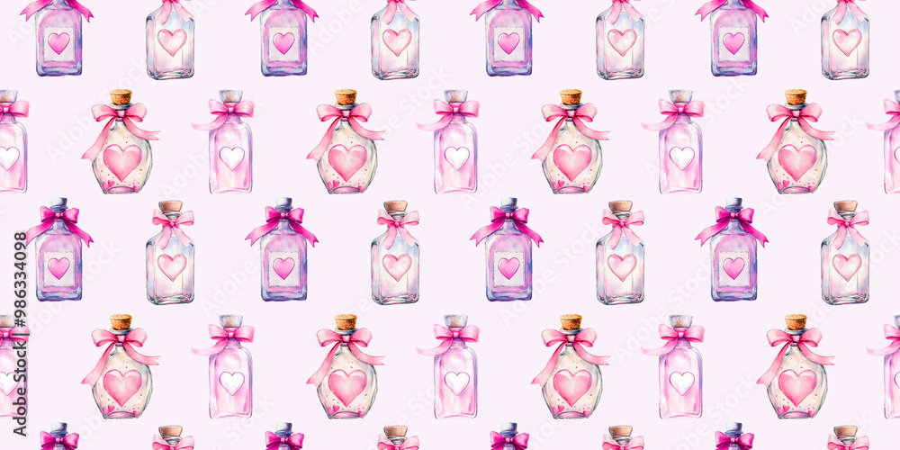 seamless pattern of cute bottles with luv zill. Magical, lovely splash of watercolor. Background for Valentine's Day and other events. seamless pattern of cute bottles with luv zill. Magical, lovely splash of watercolor. Background for Valentine's Day and other events.