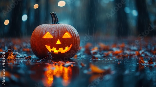 Glowing jack-o'-lantern in the woods on a rainy Halloween night