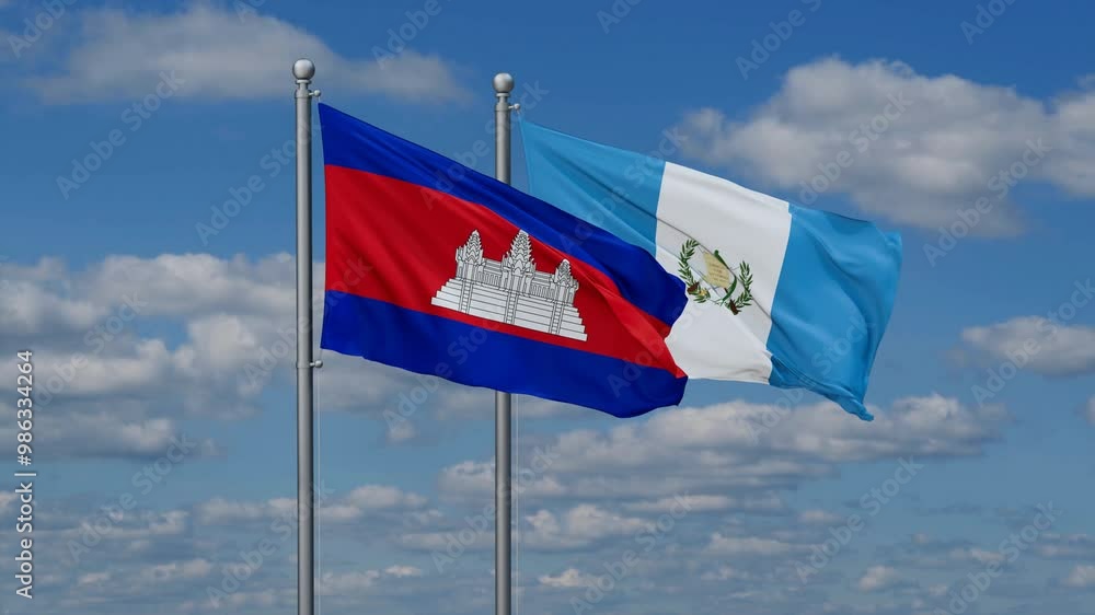 Guatemala and Cambodia flags flying together, video concept of the relationship, two country relations concept Guatemala and Cambodia flags flying together, video concept of the relationship, two country relations concept
