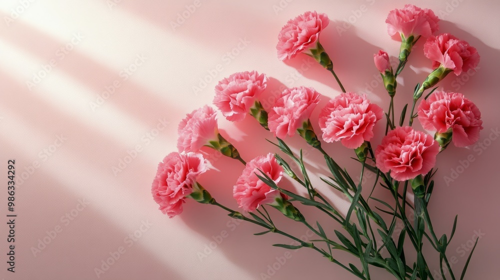 Fototapeta premium A bouquet of pink carnations against a soft pink background with beautiful shadow patterns