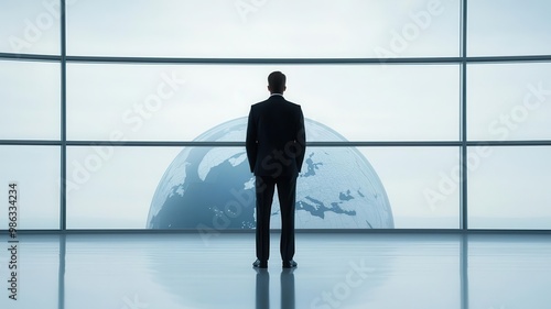 CEO standing in front of a futuristic globe, explaining the company s global strategy and vision for the future   business leadership, global vision photo