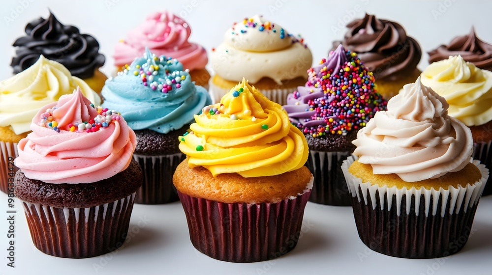 A photograph showcasing an array of beautifully decorated cupcakes with vibrant frosting and sprinkles artfully arranged on a clean and simple background perfect for gourmet dessert displays A photograph showcasing an array of beautifully decorated cupcakes with vibrant frosting and sprinkles artfully arranged on a clean and simple background perfect for gourmet dessert displays