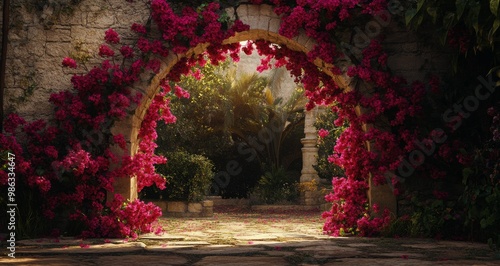 Bright bougainvillea blooms arching over a sunlit pathway in a tranquil garde...
