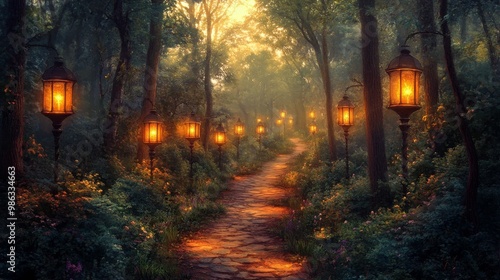 Enchanted forest pathway illuminated by warm lantern light during twilight hours
