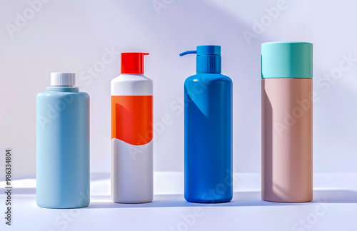 Four shampoo bottles on a white background, each with different shapes and colors