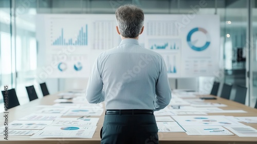 CEO standing in front of a large conference table, charts and financial data spread out, outlining strategy   business vision, leadership strategy