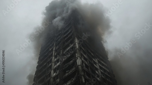 Fire engulfs high-rise building in urban area during overcast afternoon