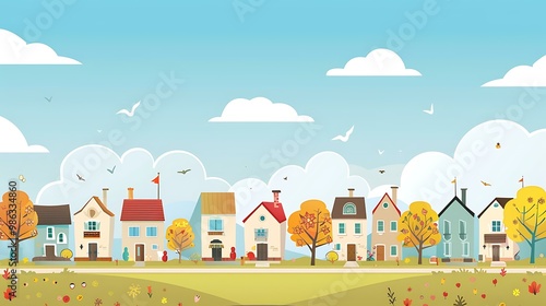 Autumn Village Landscape Illustration With Cartoon Houses