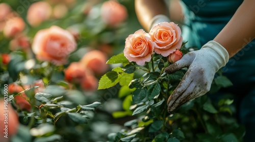 Gardener pruning roses in a lush garden during golden hour in springtime