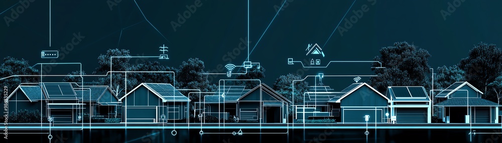 Futuristic smart grid houses with blueprints overlay, showcasing innovation in renewable energy and home technology. Futuristic smart grid houses with blueprints overlay, showcasing innovation in renewable energy and home technology.