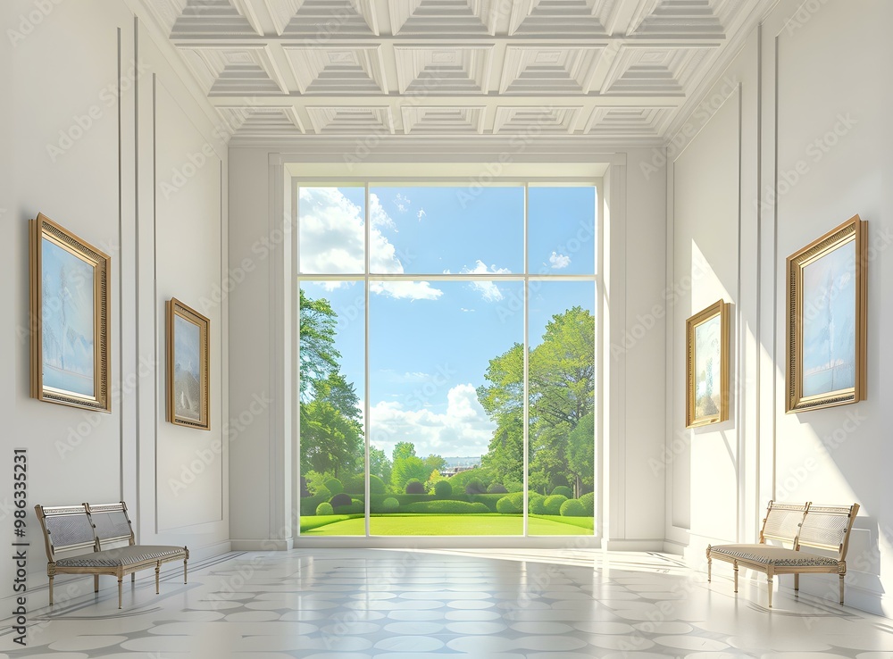 Fototapeta premium White Room With Large Window and Garden View