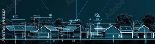 Futuristic smart grid houses with blueprints overlay, showcasing innovation in renewable energy and home technology.