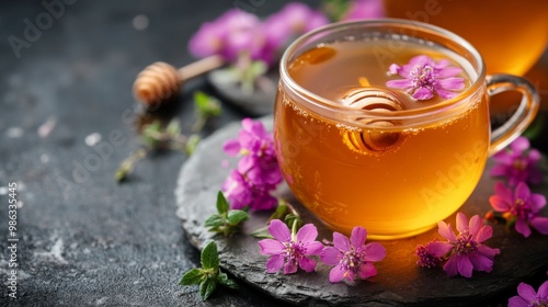 Warm herbal tea with honey and flowers on a rustic slate serving tray in a cozy setting