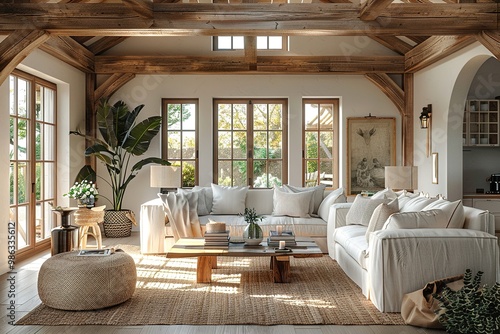 Farmhouse Chic Living Room with rustic wood beams, farmhouse-style furniture, and cozy, country-inspired decor in a charming rural home. Farmhouse chic home decor.