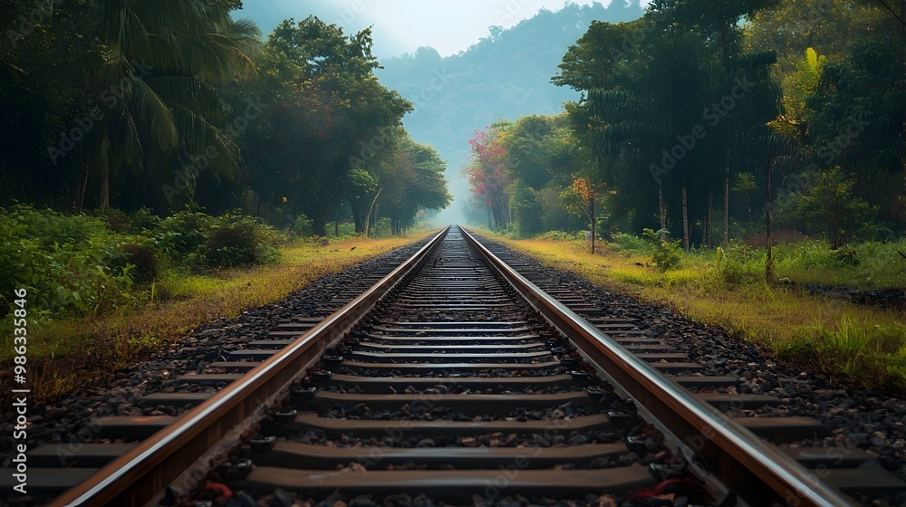 Converging Railway Tracks in Scenic Autumn Landscape Converging Railway Tracks in Scenic Autumn Landscape