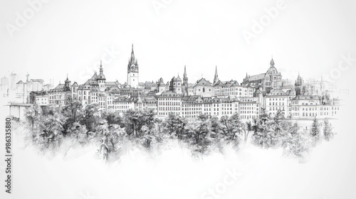 Luxembourg City, Luxembourg, black and white pen pencil hand-drawn effect drawing illustration for travel poster, card, wallpaper, backdrop or banner. Modern, clear, artistic and simple