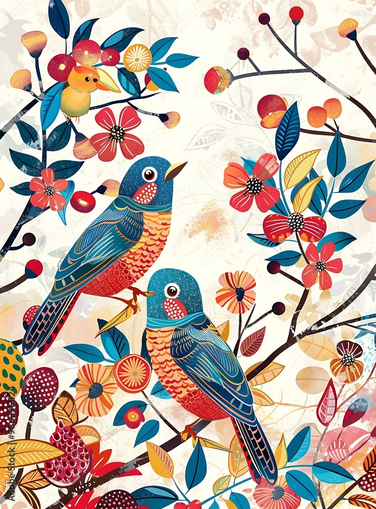 Obraz premium Two Birds Perched On Colorful Branch With Flowers