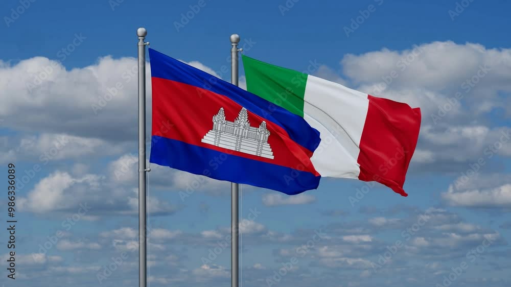 Italy and Cambodia flags flying together, video concept of the relationship, two country cooperation concept Italy and Cambodia flags flying together, video concept of the relationship, two country cooperation concept