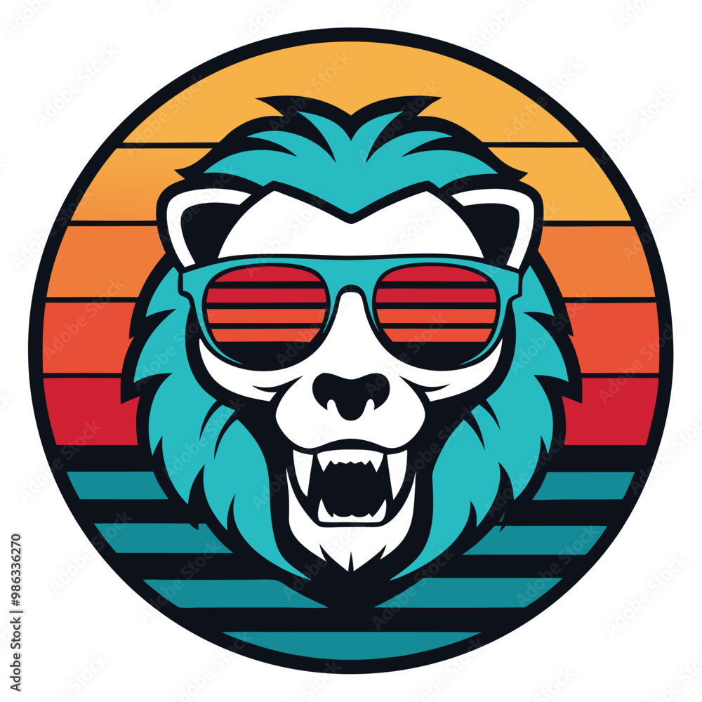 Vector art Cool sunset lion-skull wearing sun glass, illustration, T - shirt design, retro vintage style on white background Vector art Cool sunset lion-skull wearing sun glass, illustration, T - shirt design, retro vintage style on white background